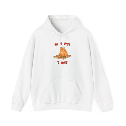 White hoodie with a cat graphic and text on a white background