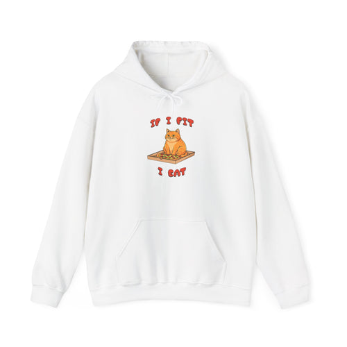 White hoodie with a cat graphic and text on a white background