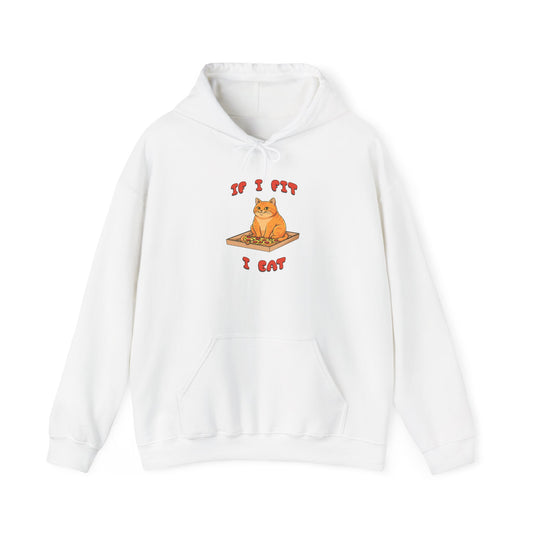 White hoodie with a cat graphic and text on a white background