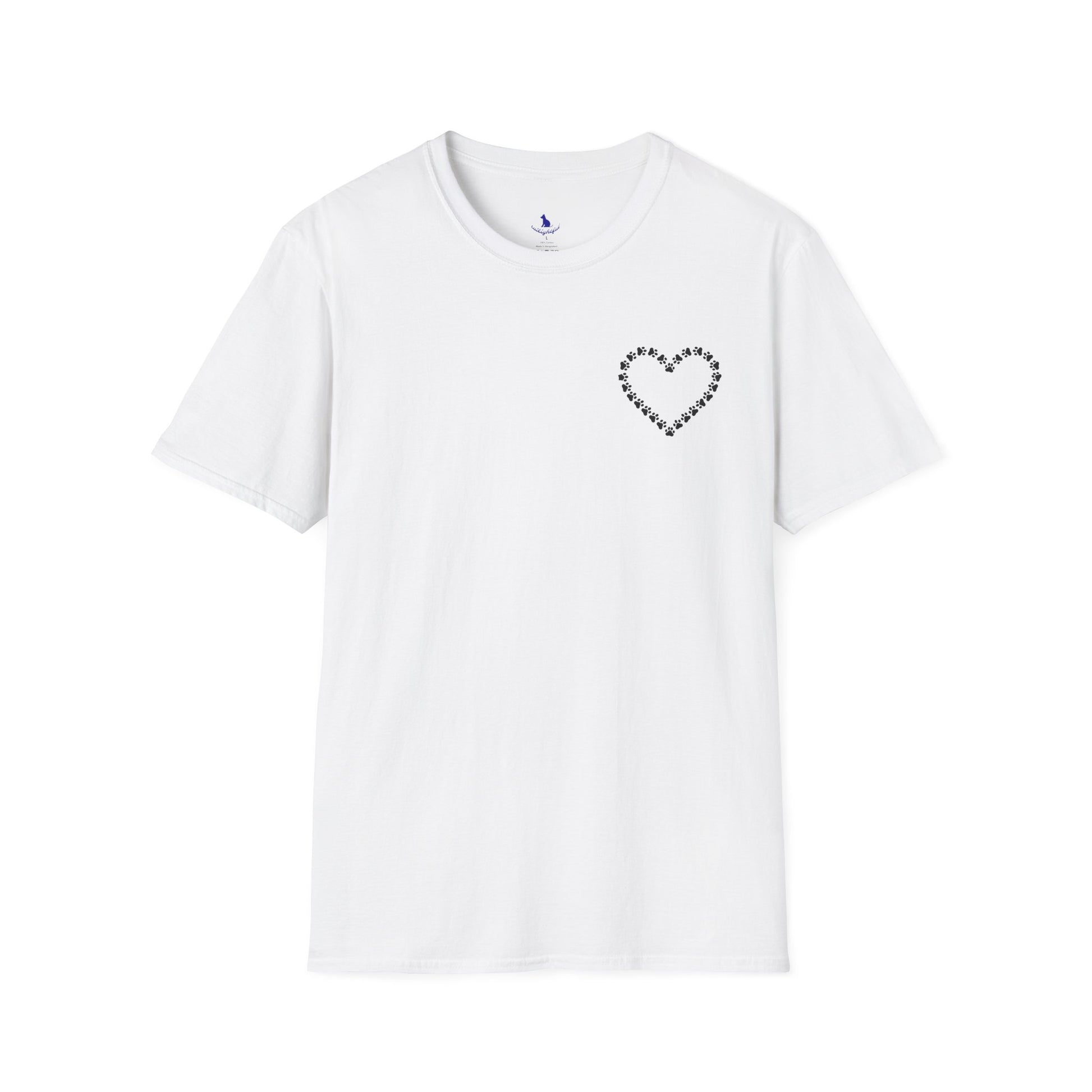 White t-shirt with a heart-shaped design on a white background