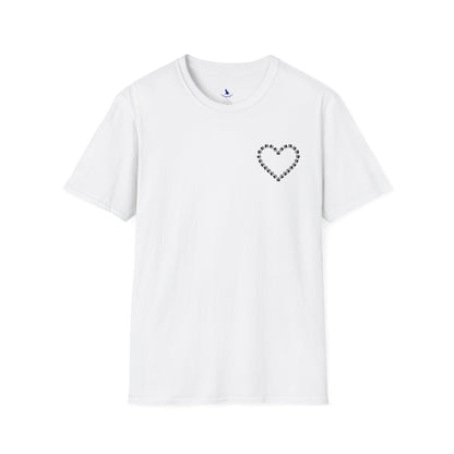 White t-shirt with a heart-shaped design on a white background