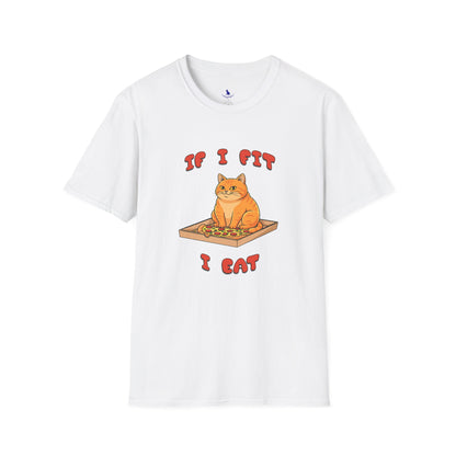 White t-shirt with a cat graphic and text on a white background