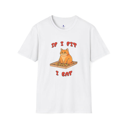 White t-shirt with a cat graphic and text on a white background