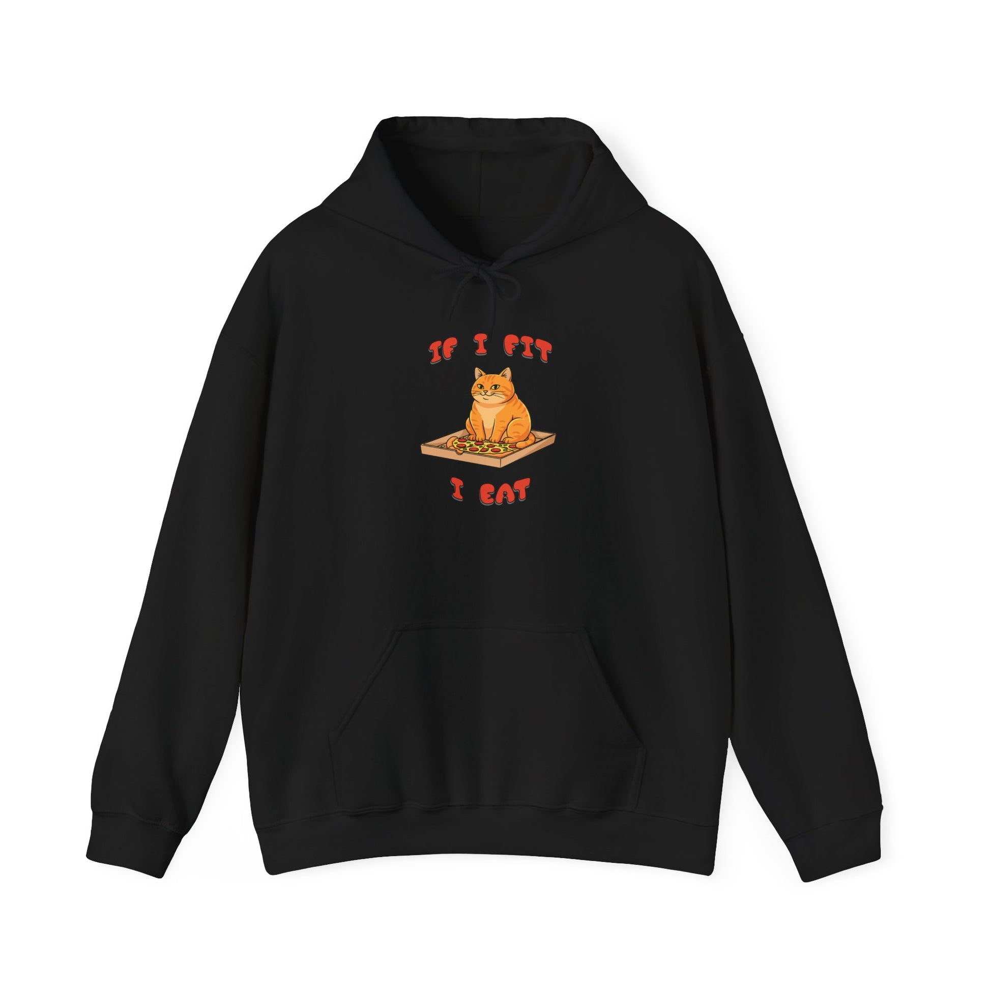 Black hoodie with a graphic design on a white background