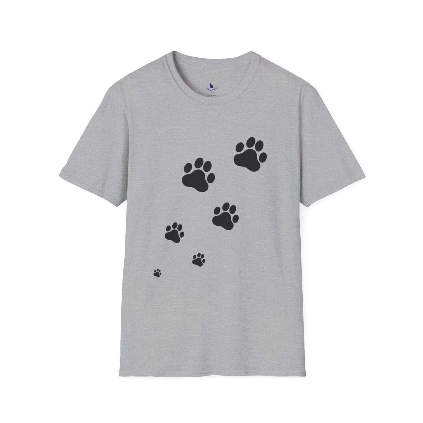 Gray t-shirt with black paw print design on a white background