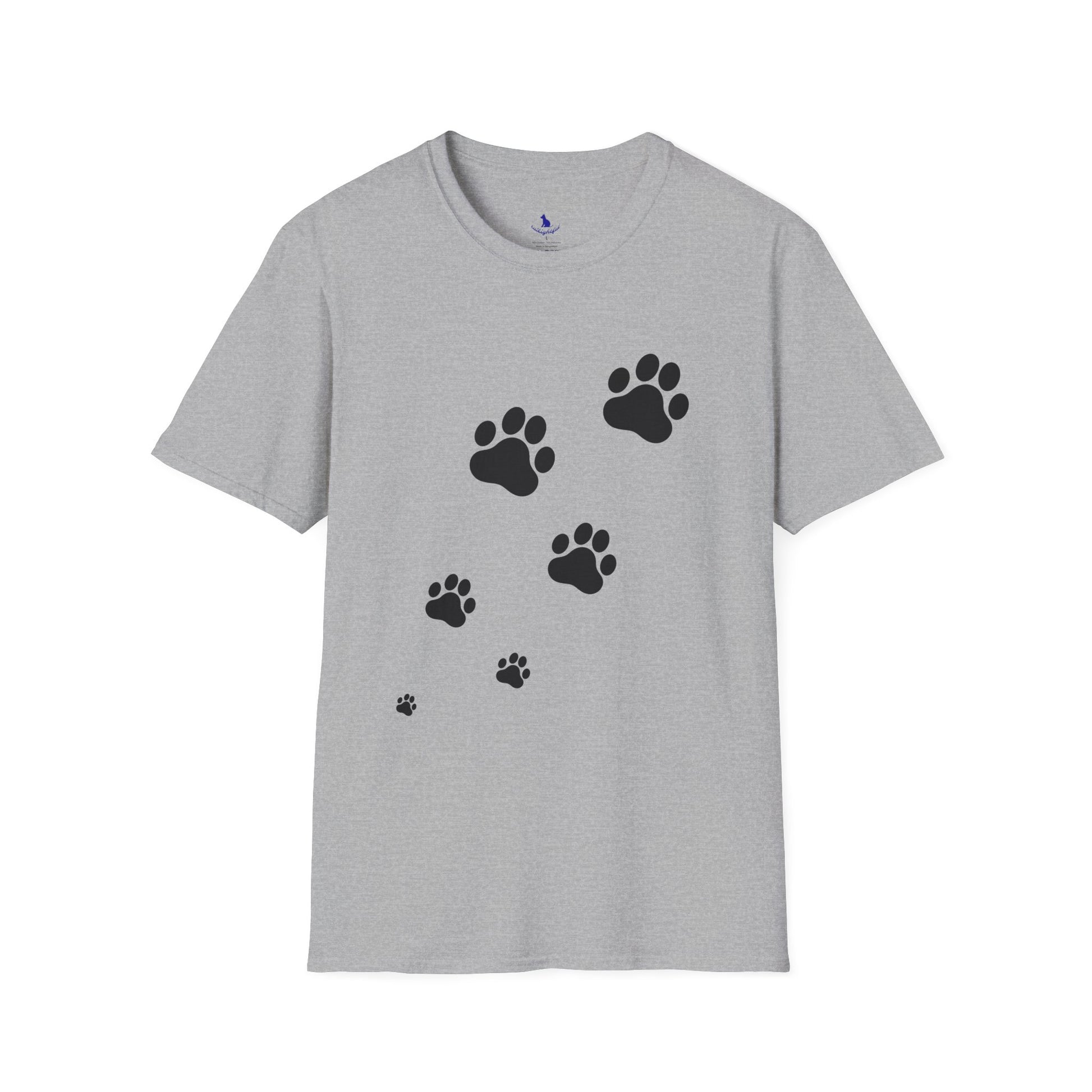 Gray t-shirt with black paw print design on a white background