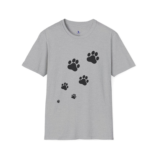 Gray t-shirt with black paw print design on a white background