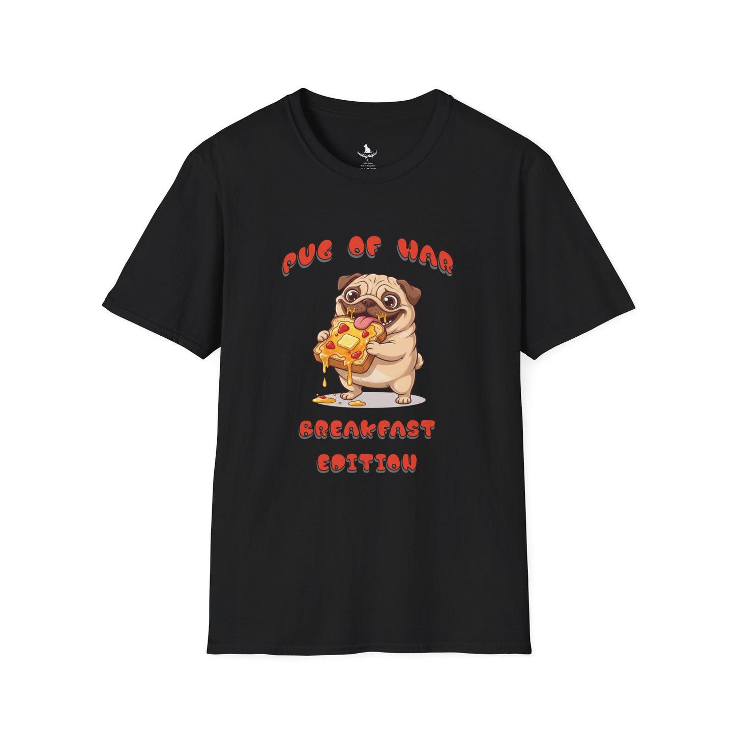 Black t-shirt with a pug and text on white background