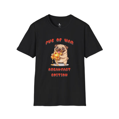 Black t-shirt with a pug and text on white background