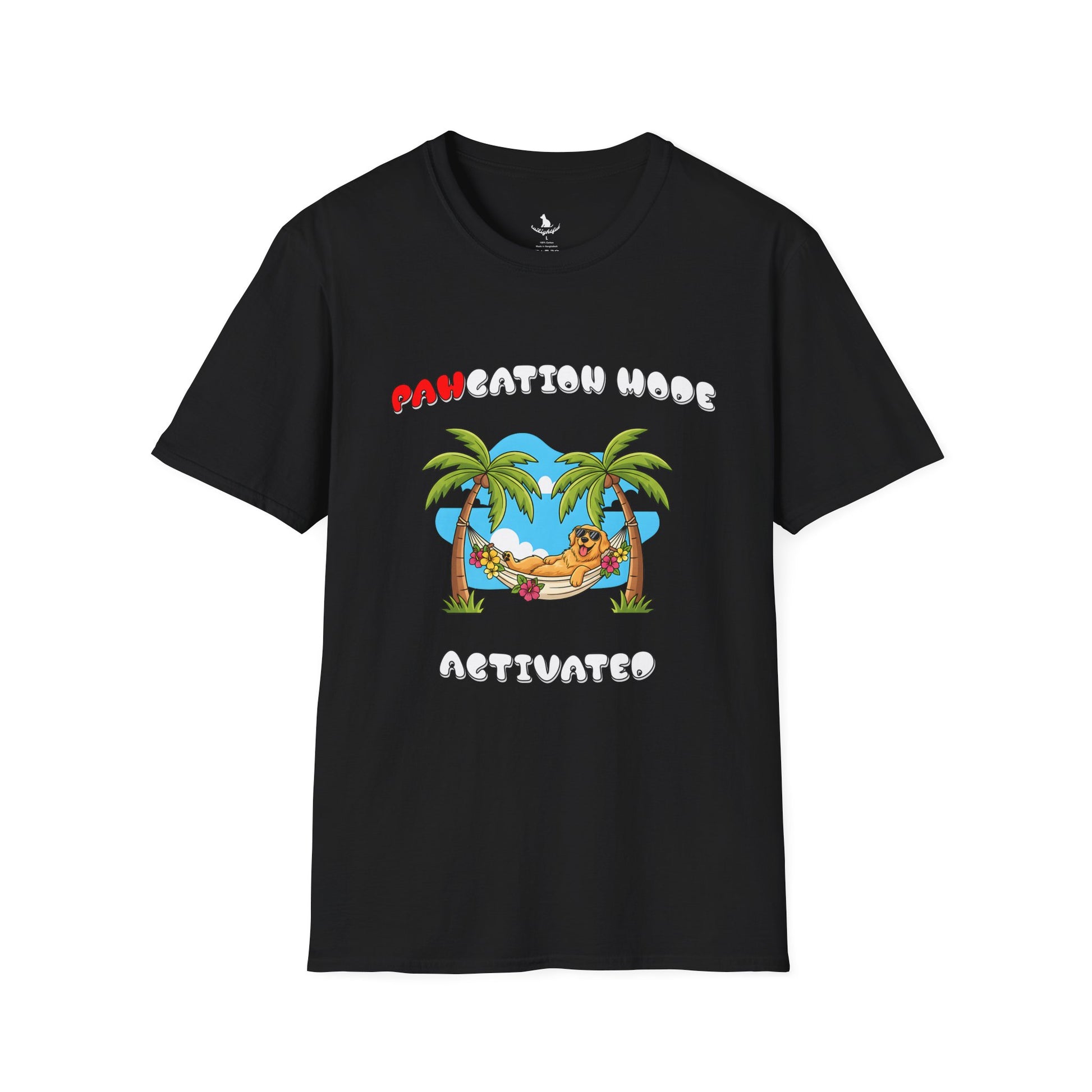 Black t-shirt with "PAWCATION MODE ACTIVATED" text on white background