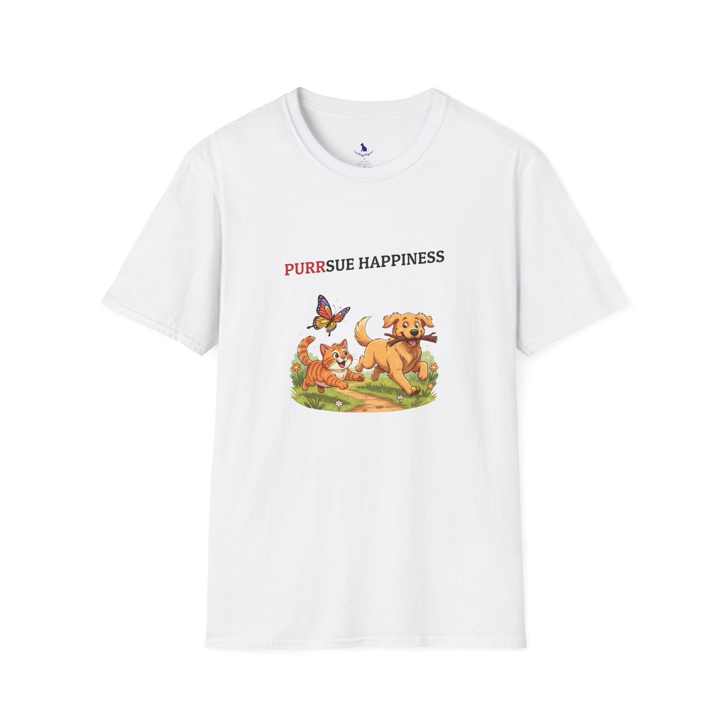 White t-shirt with cartoon dogs and butterfly graphic on a white background