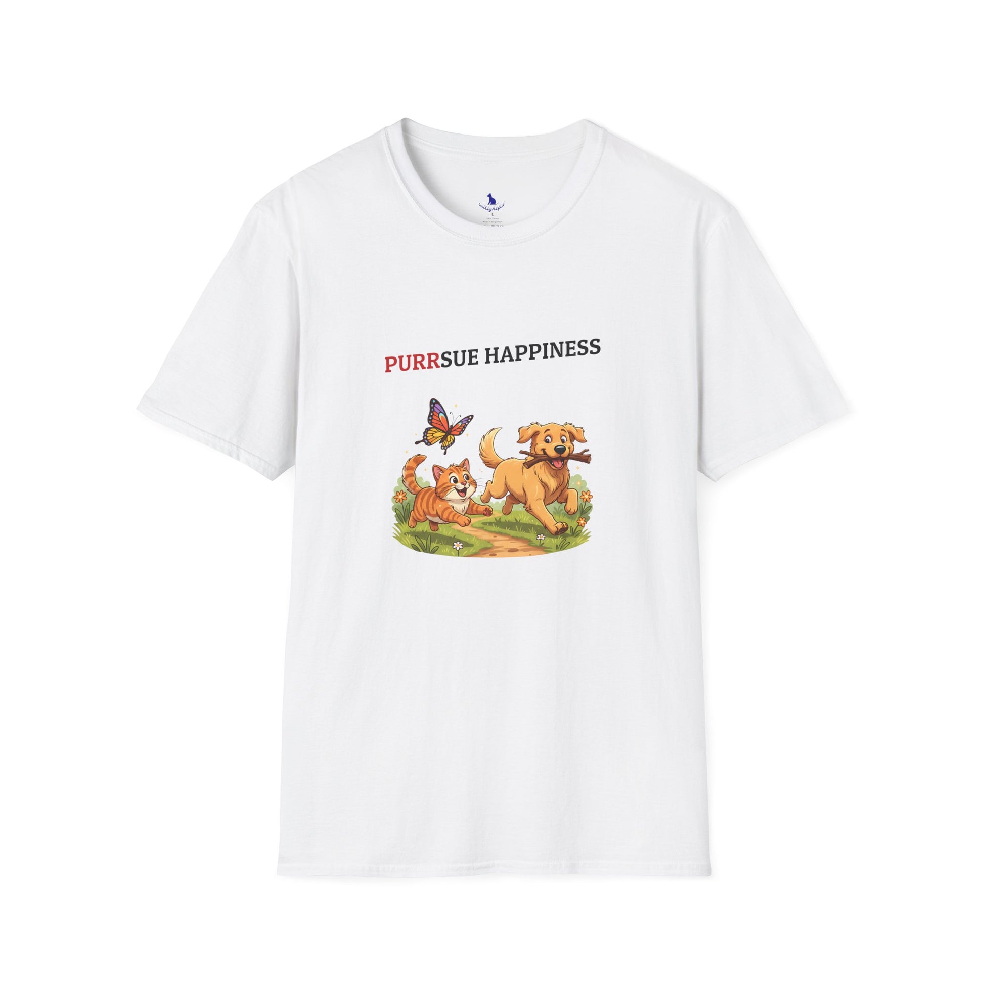 White t-shirt with cartoon dogs and butterfly graphic on a white background