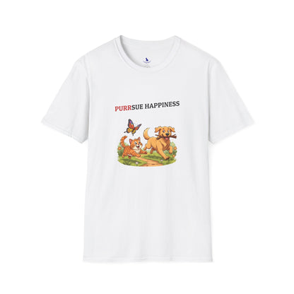 White t-shirt with cartoon dogs and butterfly graphic on a white background