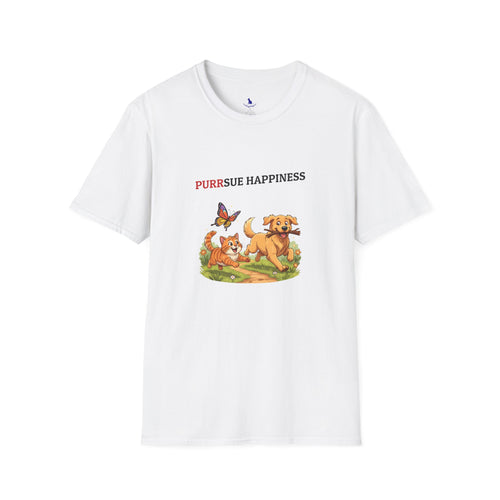White t-shirt with cartoon dogs and butterfly graphic on a white background