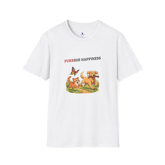 White t-shirt with cartoon dogs and butterfly graphic on a white background