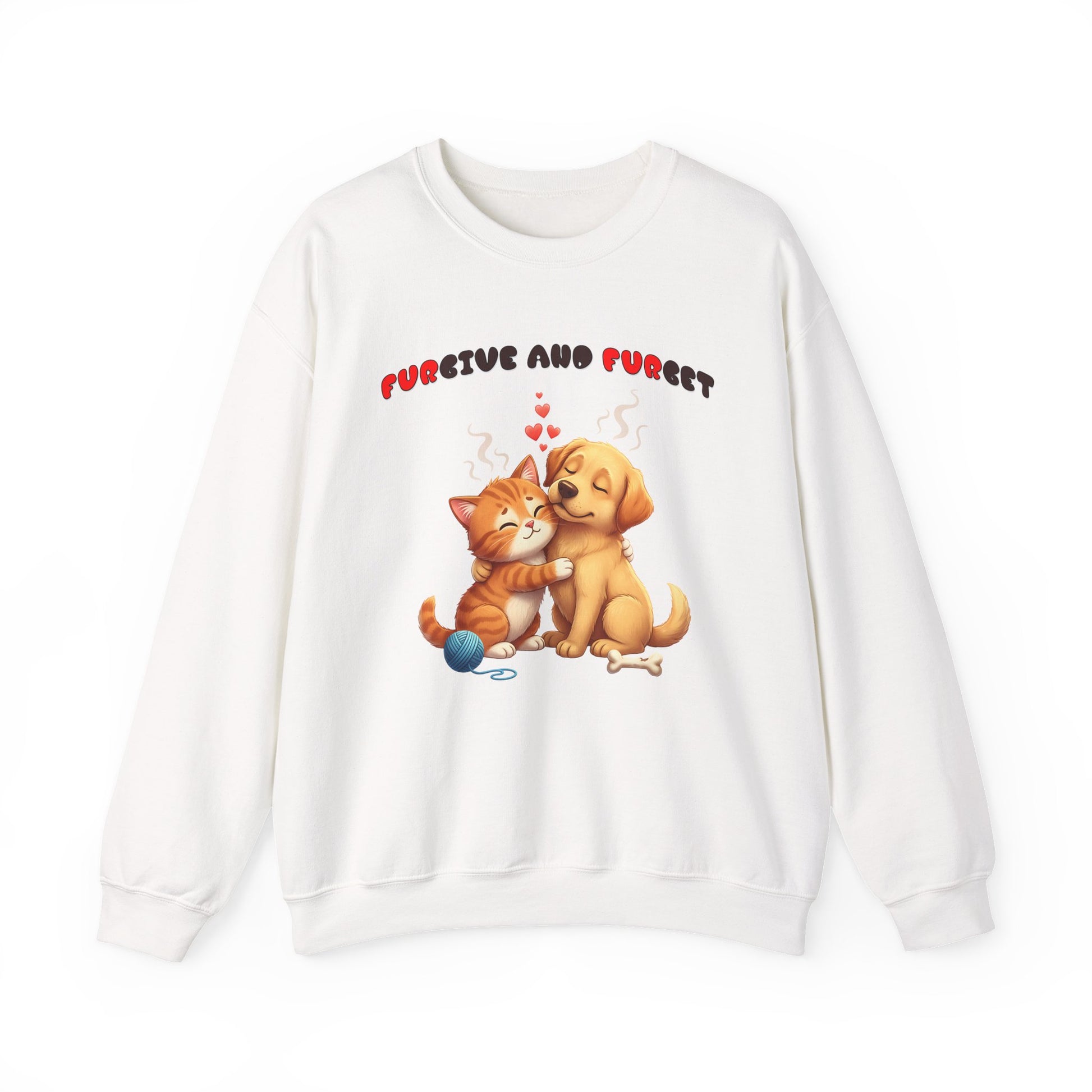 White sweatshirt with a cartoon dog and cat hugging and 'Furever and Furever' text on a white background