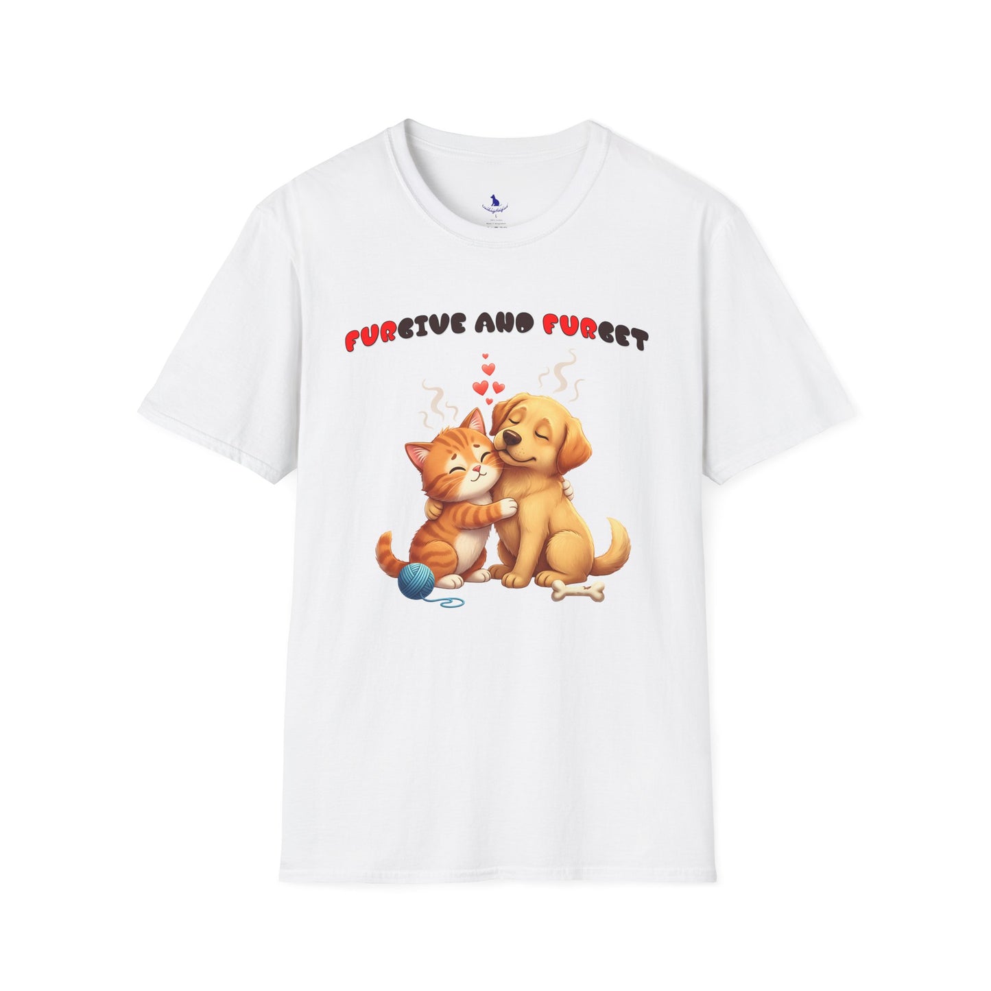 White t-shirt with a cartoon cat and dog hugging and text 'FURGIVE AND FURGET' on a white background