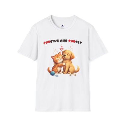 White t-shirt with a cartoon cat and dog hugging and text 'FURGIVE AND FURGET' on a white background