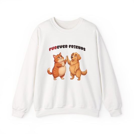 White sweatshirt with cartoon dogs and 'Furever Friends' text on a white background