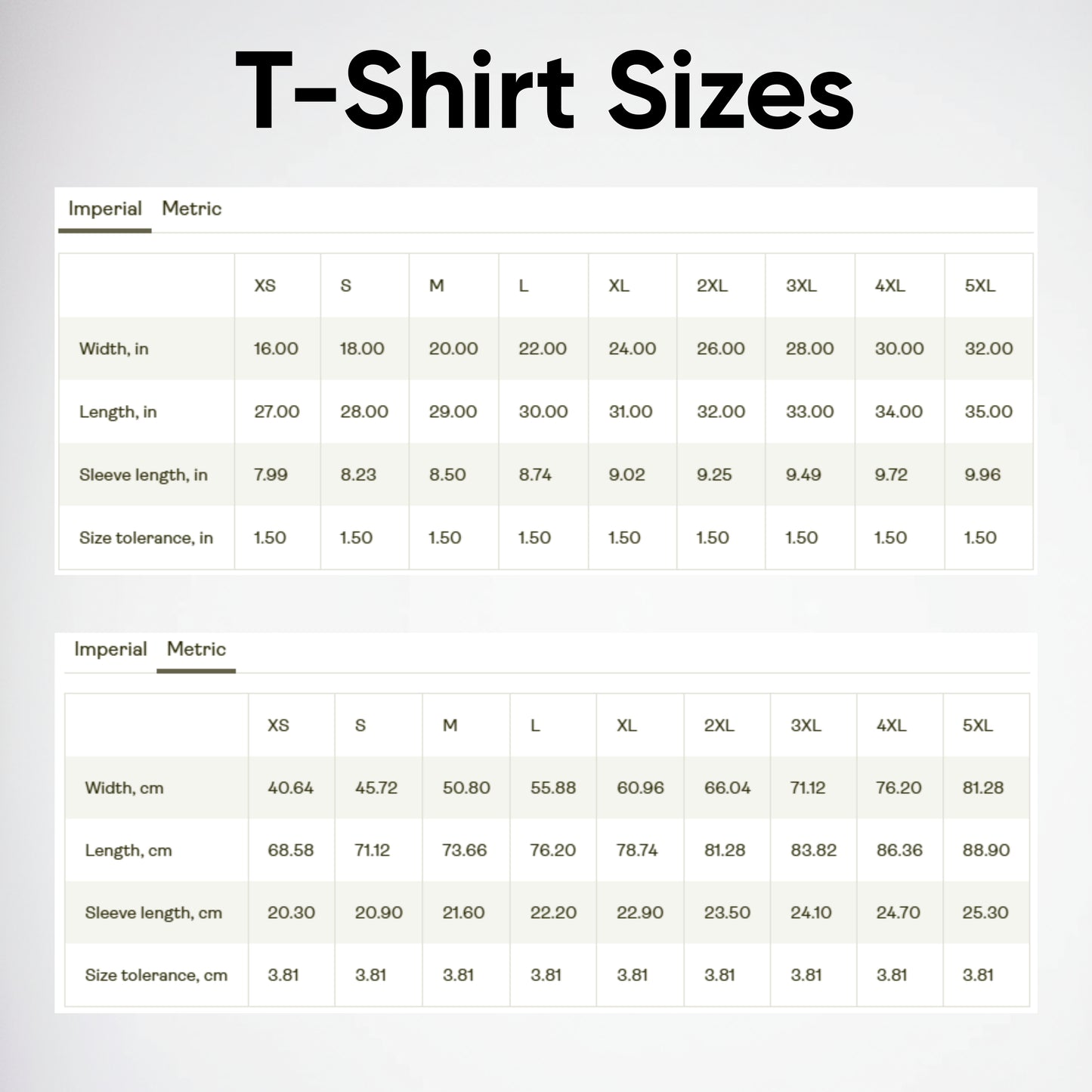 T-shirt size chart with imperial and metric measurements on a white background