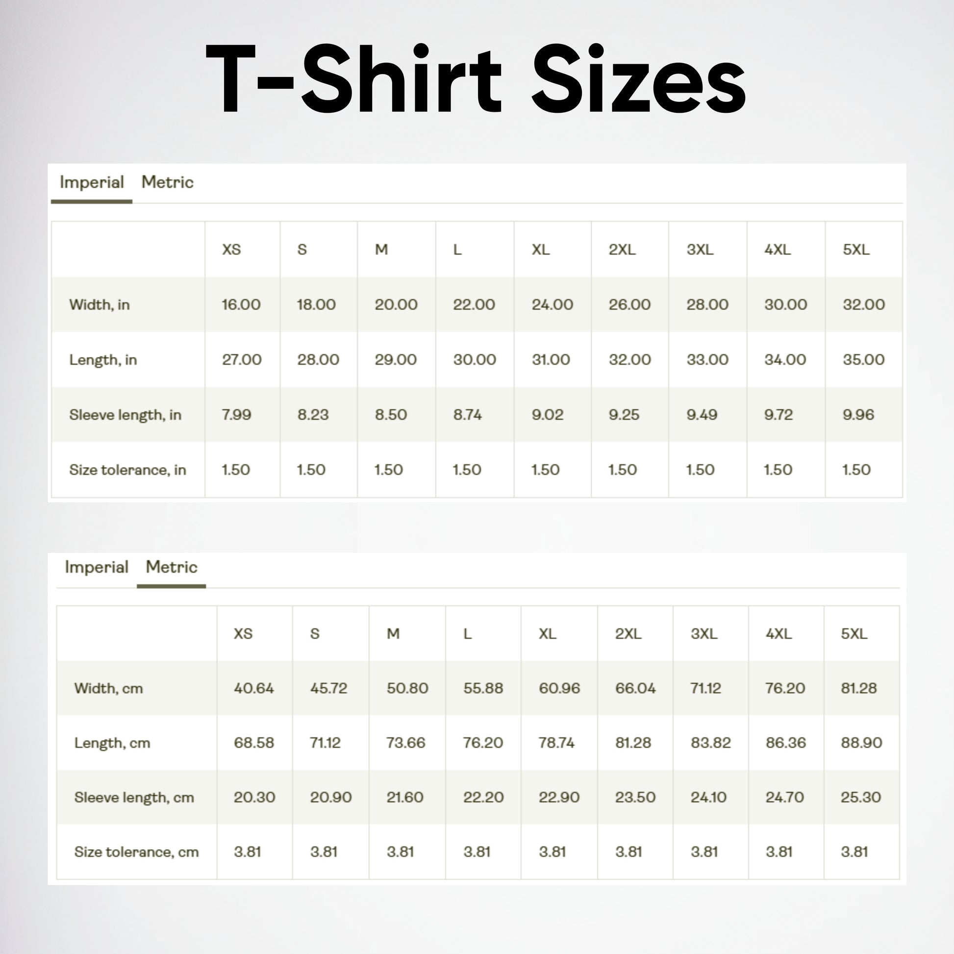 T-shirt size chart with imperial and metric measurements on a white background