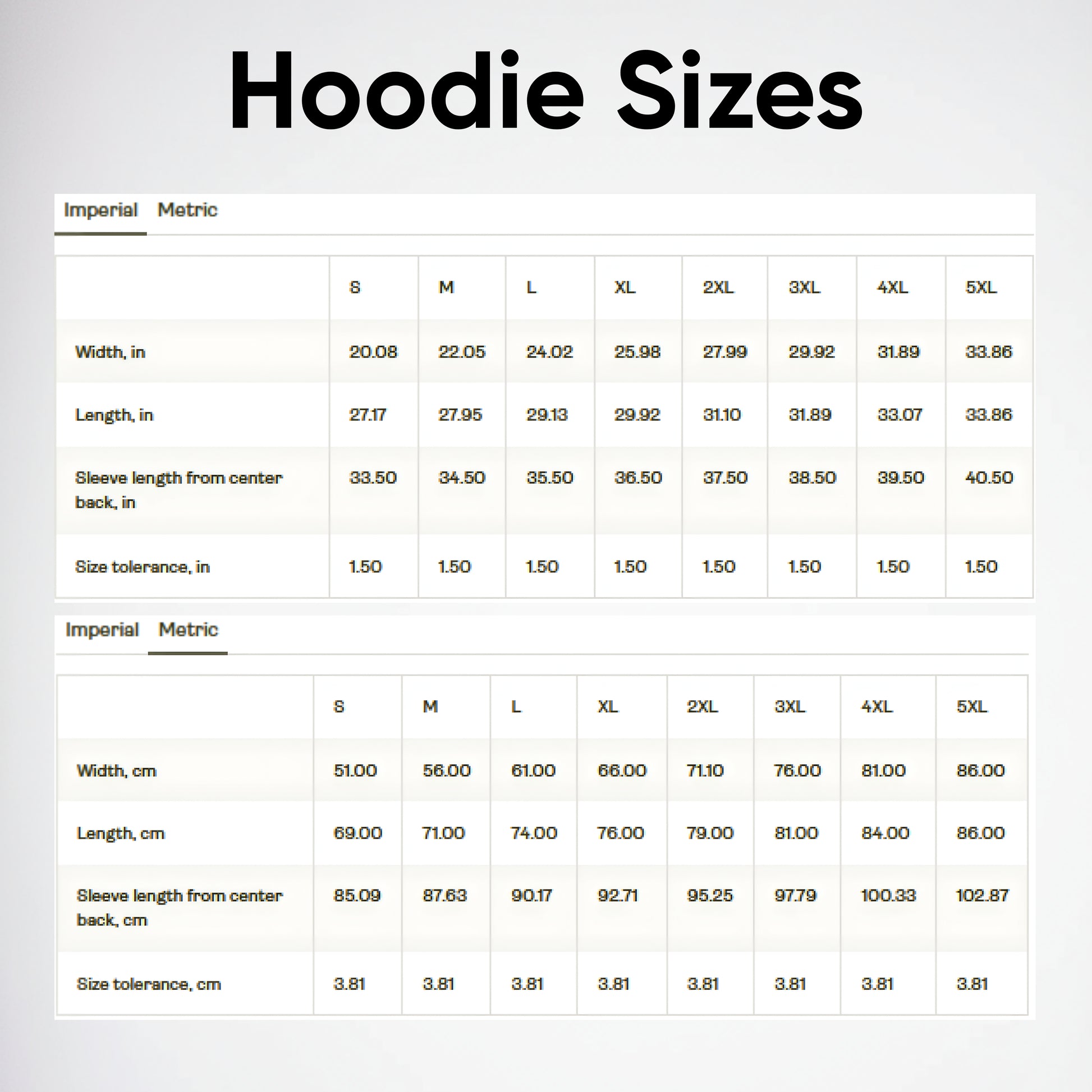 Hoodie size chart with measurements in both imperial and metric systems.