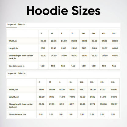 Hoodie size chart with measurements in both imperial and metric systems.
