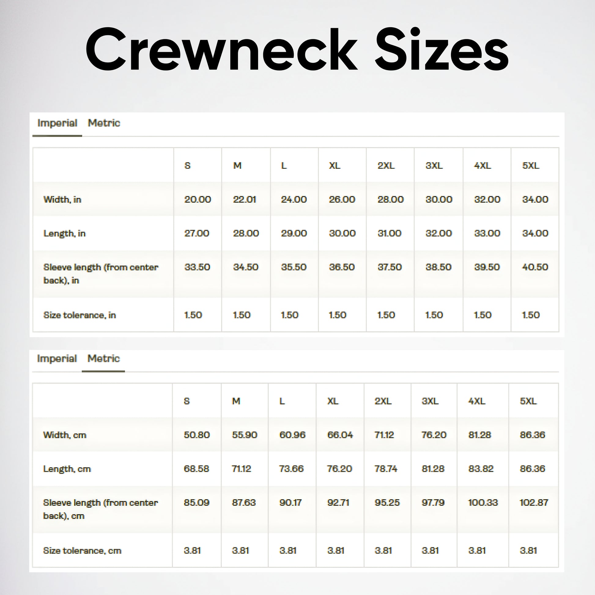Size chart for crewneck shirts with imperial and metric measurements.