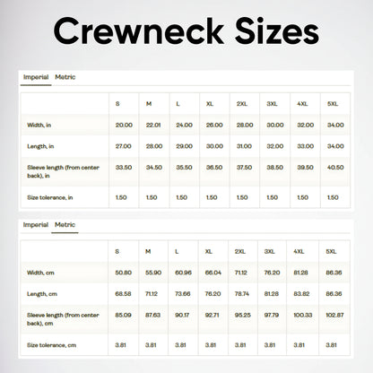 Size chart for crewneck shirts with imperial and metric measurements.