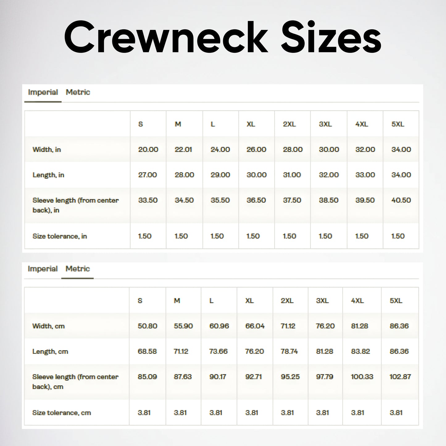 Size chart for crewneck shirts with imperial and metric measurements.