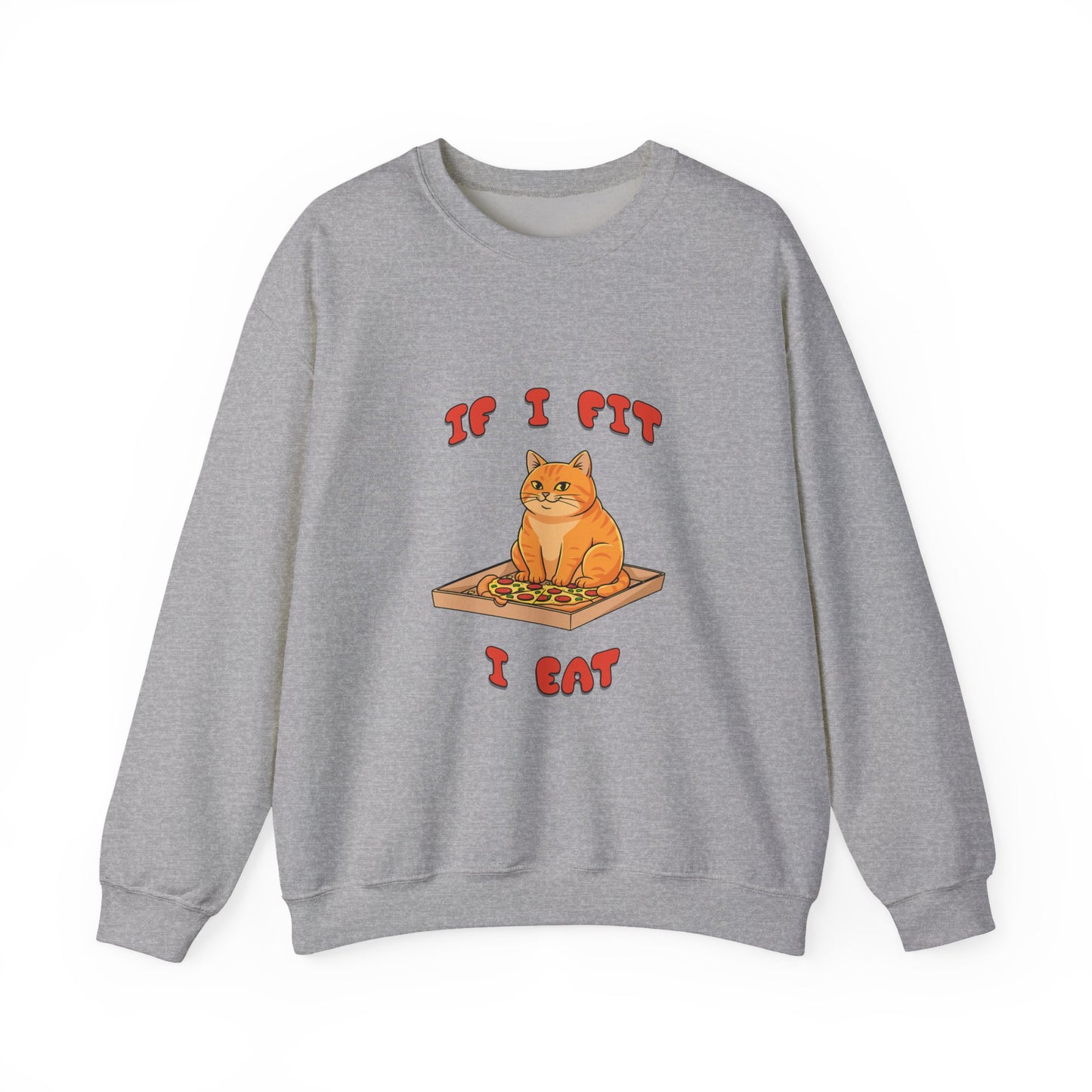 Gray sweatshirt with a cat eating pizza graphic and text