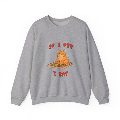 Gray sweatshirt with a cat eating pizza graphic and text