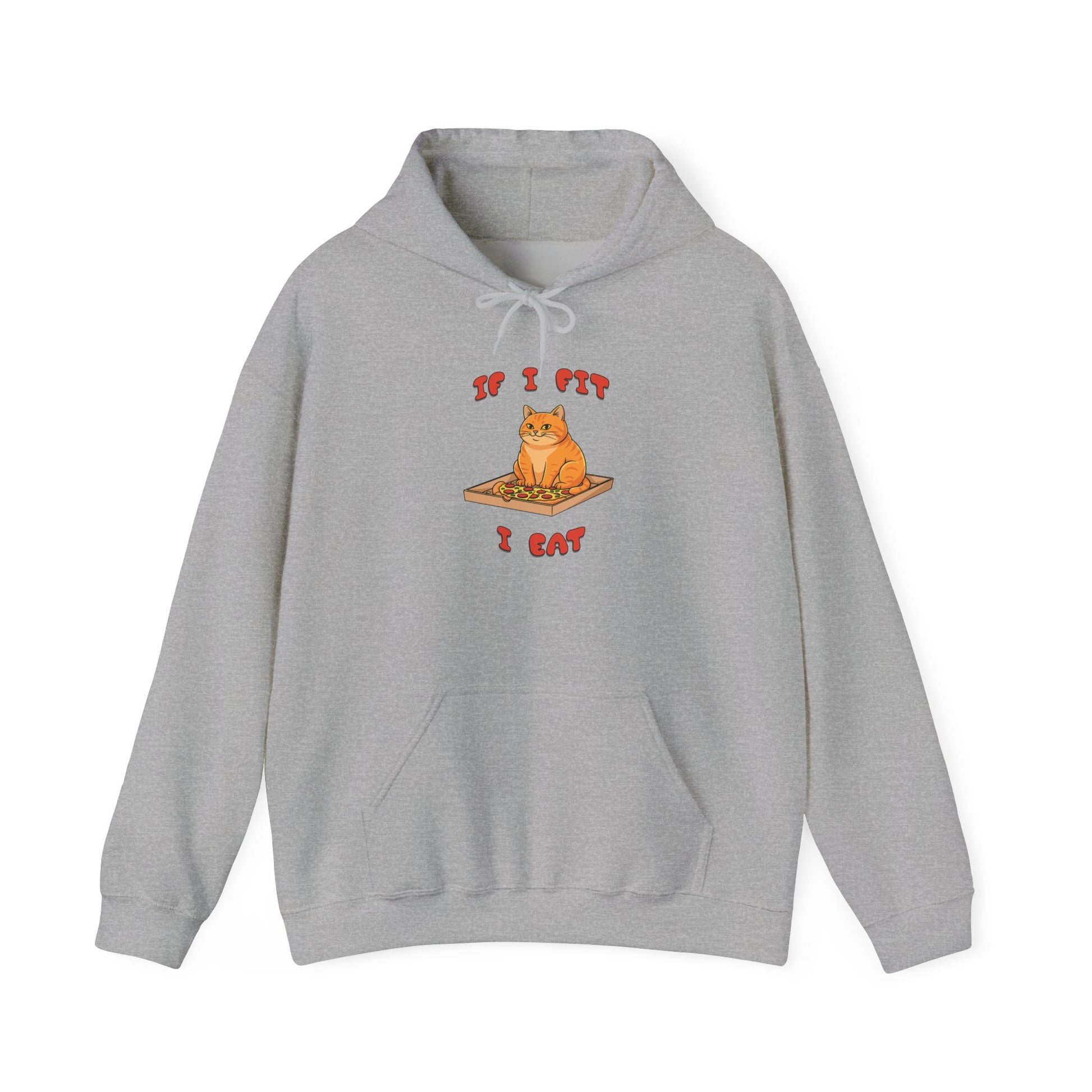 Gray hoodie with a cat graphic and text on a white background