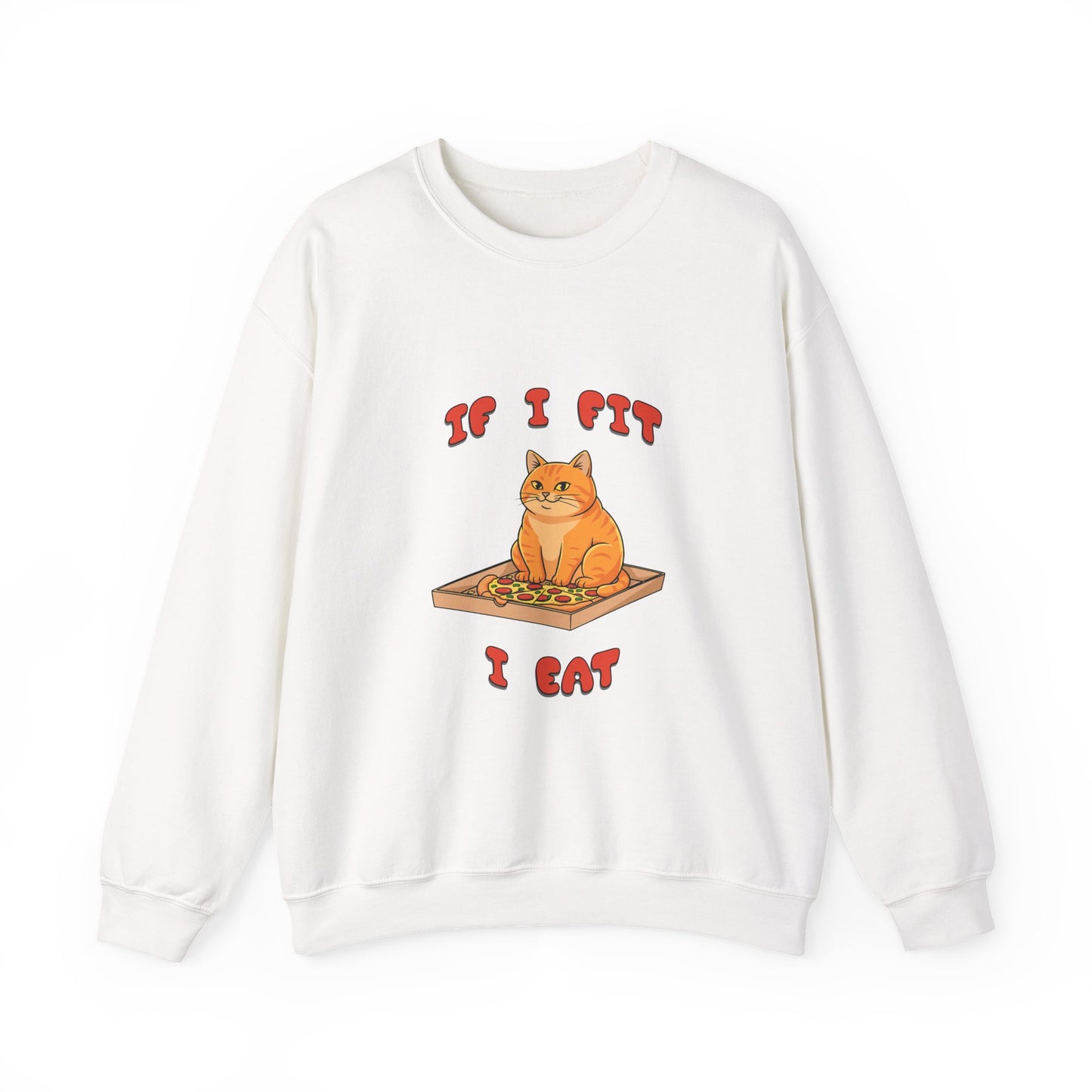 White sweatshirt with a cat graphic and text on a white background