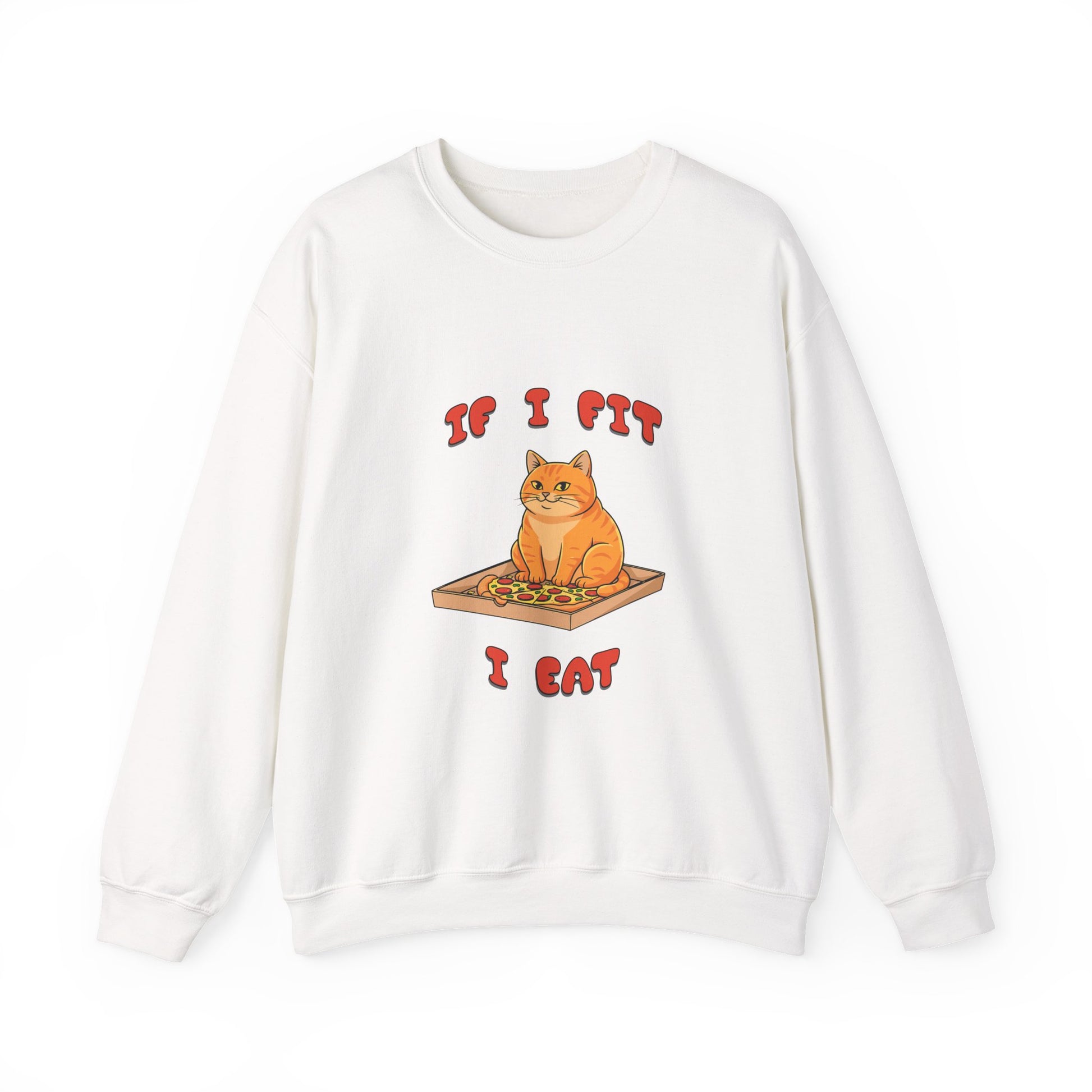 White sweatshirt with a cat graphic and text on a white background