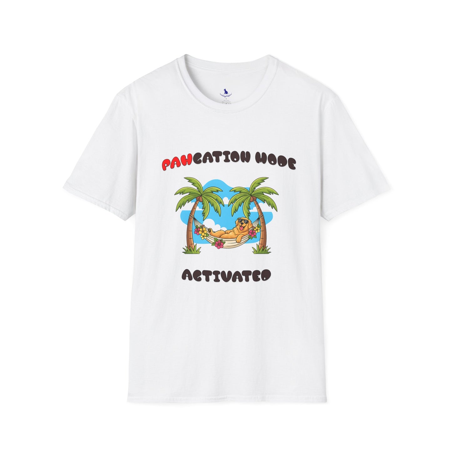 White t-shirt with "PAWCATION MODE ACTIVATED" text on white background