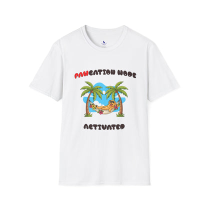 White t-shirt with "PAWCATION MODE ACTIVATED" text on white background