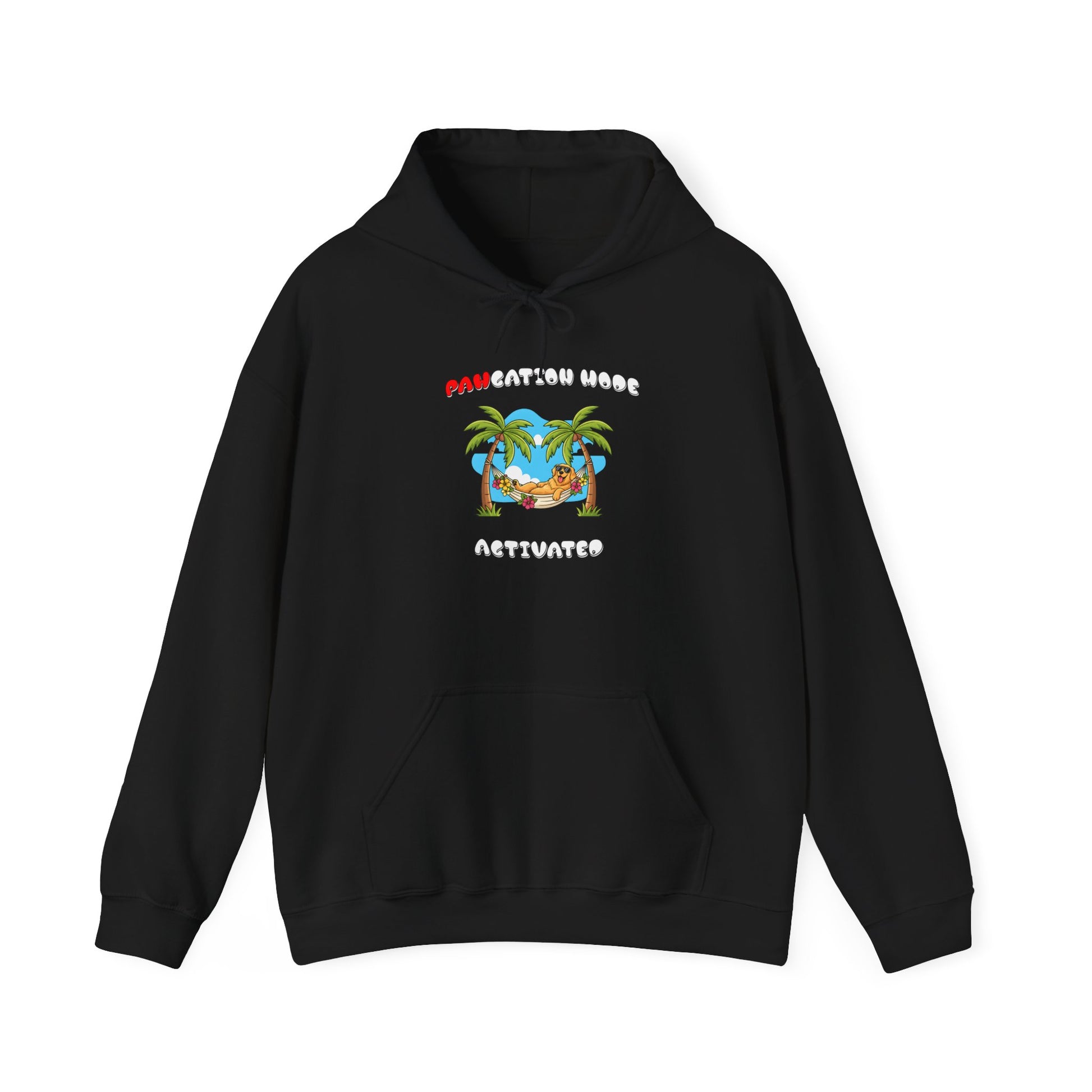 Black hoodie with 'PAWCATION MODE ACTIVATED' text on a white background