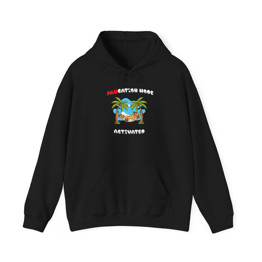 Black hoodie with 'PAWCATION MODE ACTIVATED' text on a white background