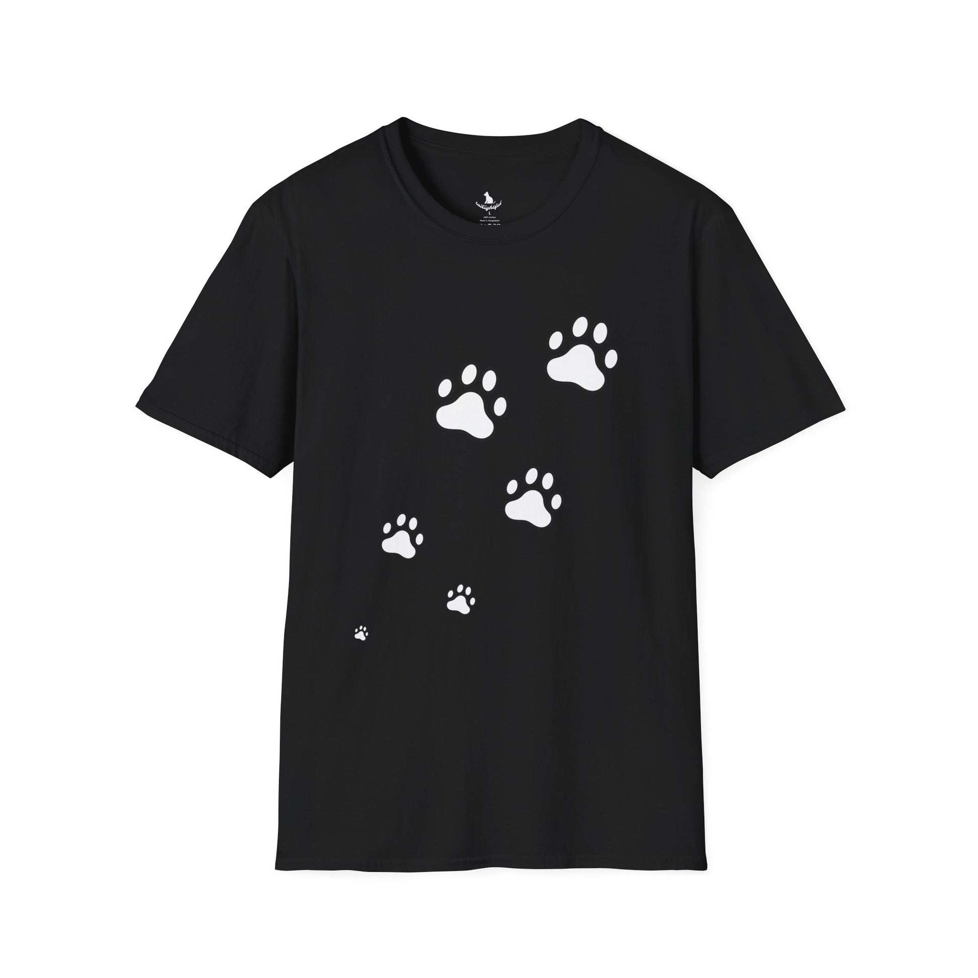 Black t-shirt with a white logo on a white background