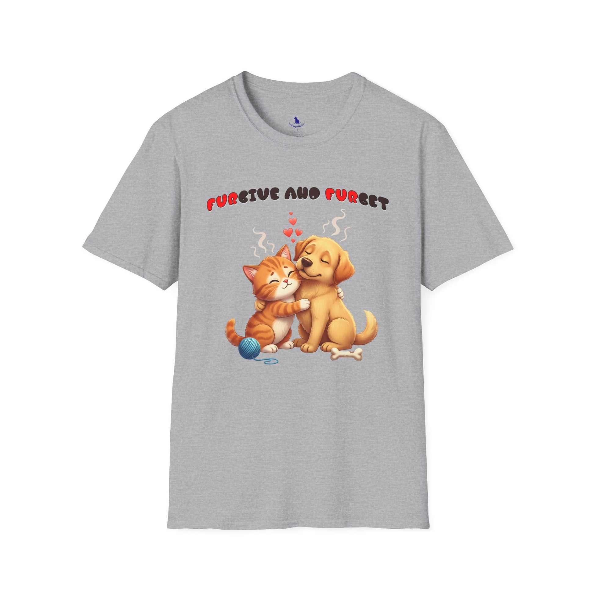 Gray t-shirt with a cartoon cat and dog hugging and text 'FUGIVE AND FURGET' on a white background