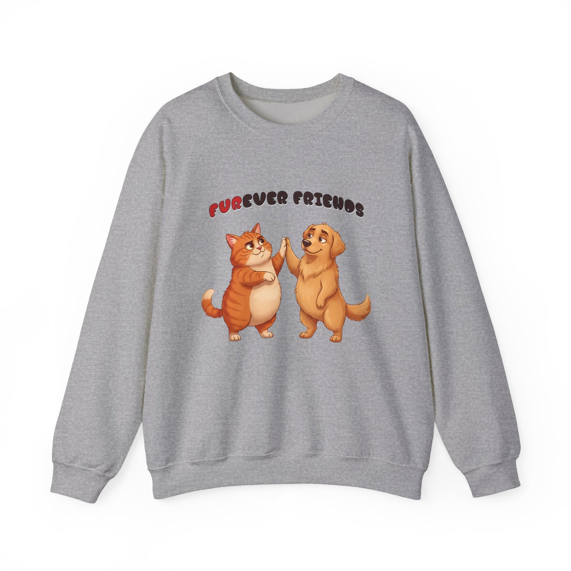 Gray sweatshirt with cartoon dogs and 'Furever Friends' text 