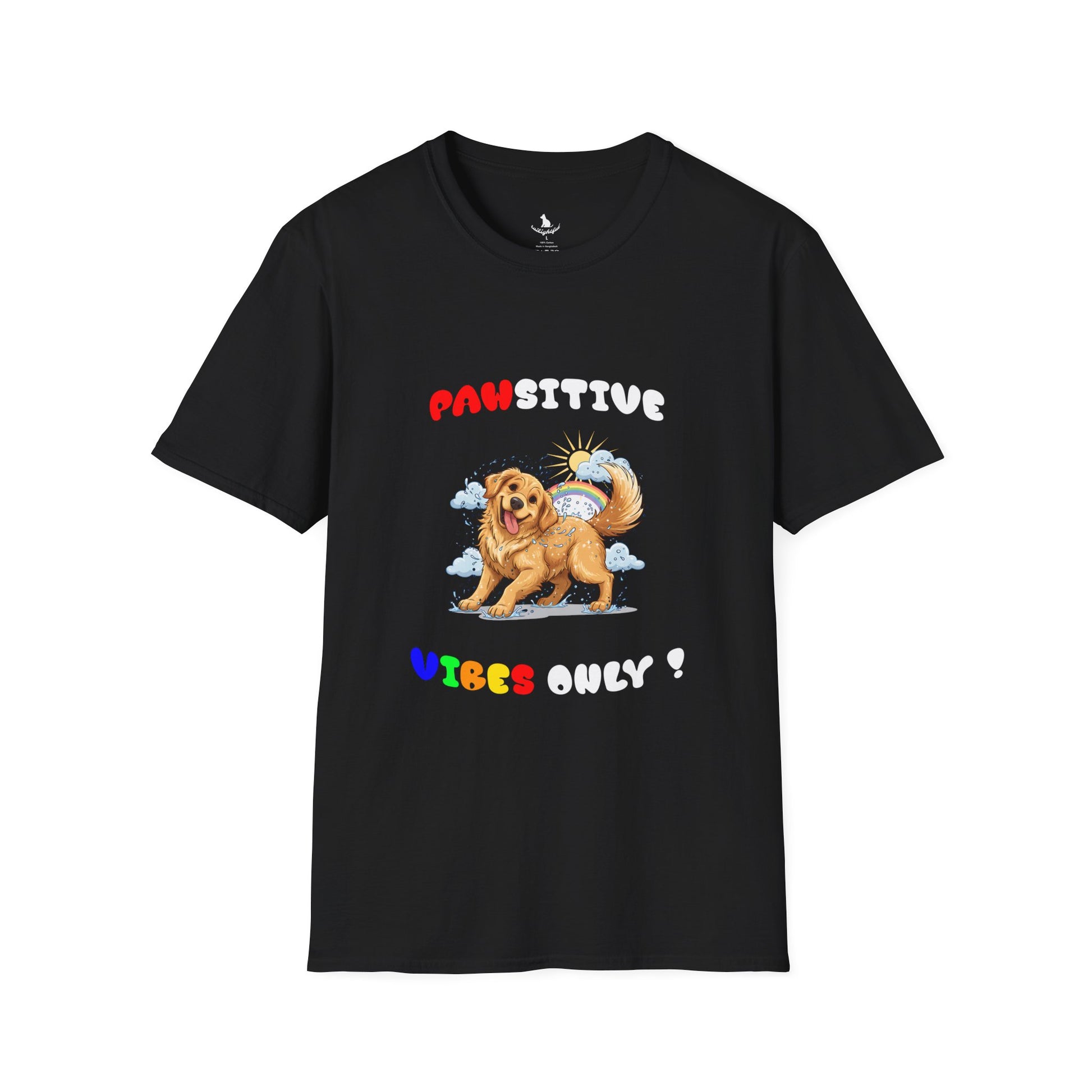 Black t-shirt with a cartoon dog and text design on a white background