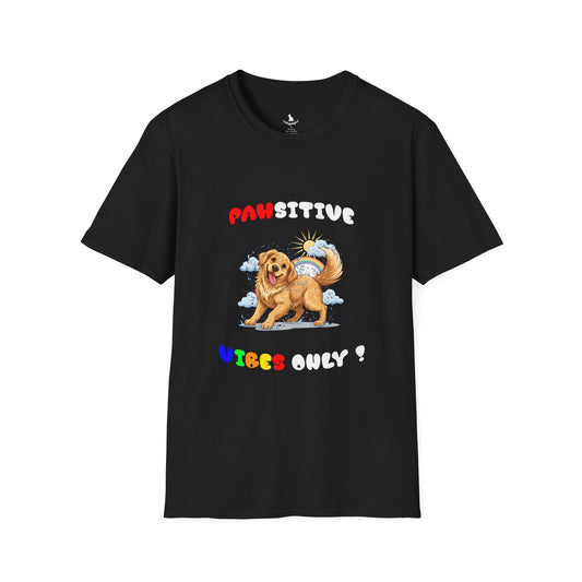 Black t-shirt with a cartoon dog and text design on a white background