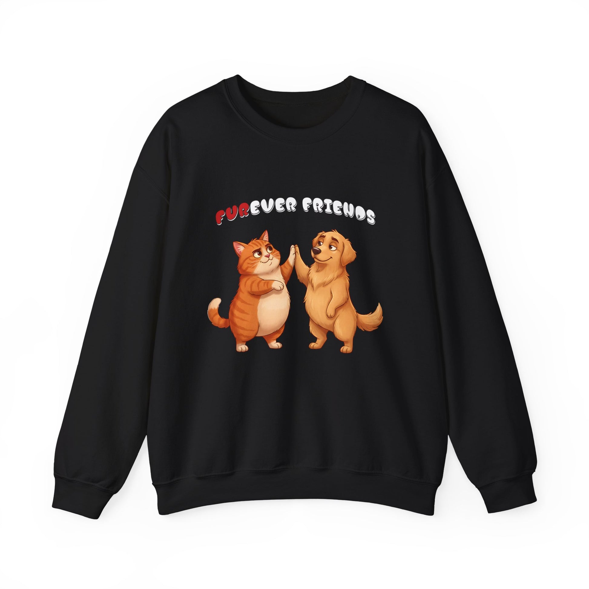 Black sweatshirt with cartoon cat and dog holding hands and 'Furever Friends' text 