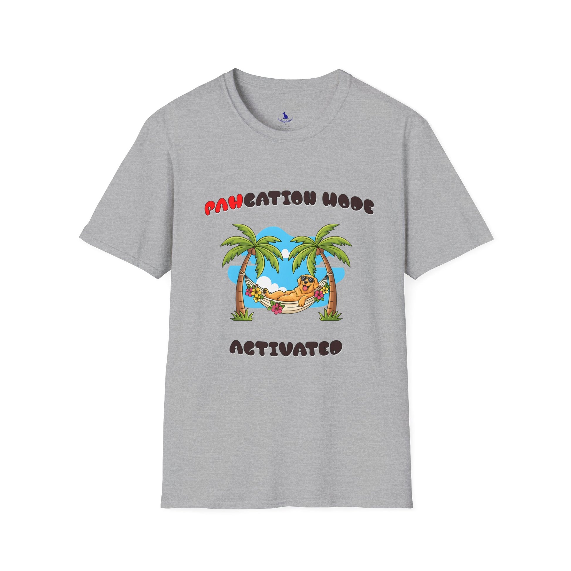 Grey t-shirt with "PAWCATION MODE ACTIVATED" text on white background