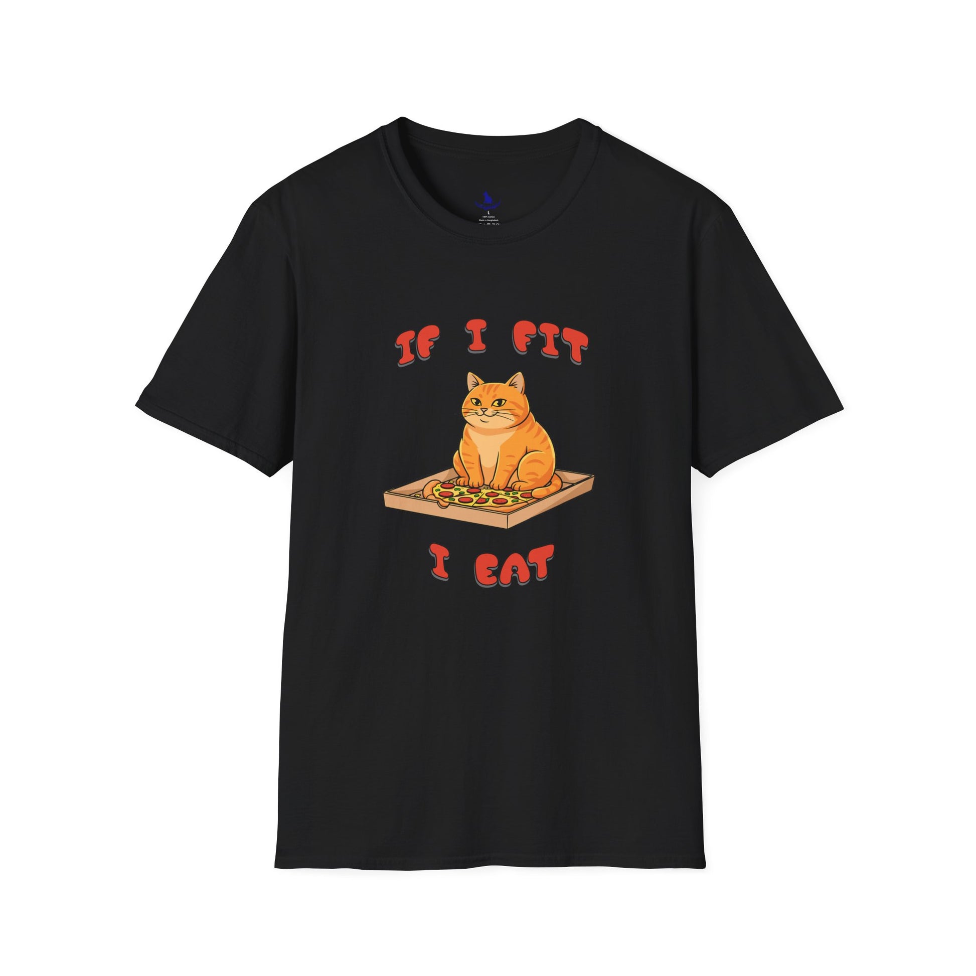 Black t-shirt with a cat graphic and text on a white background