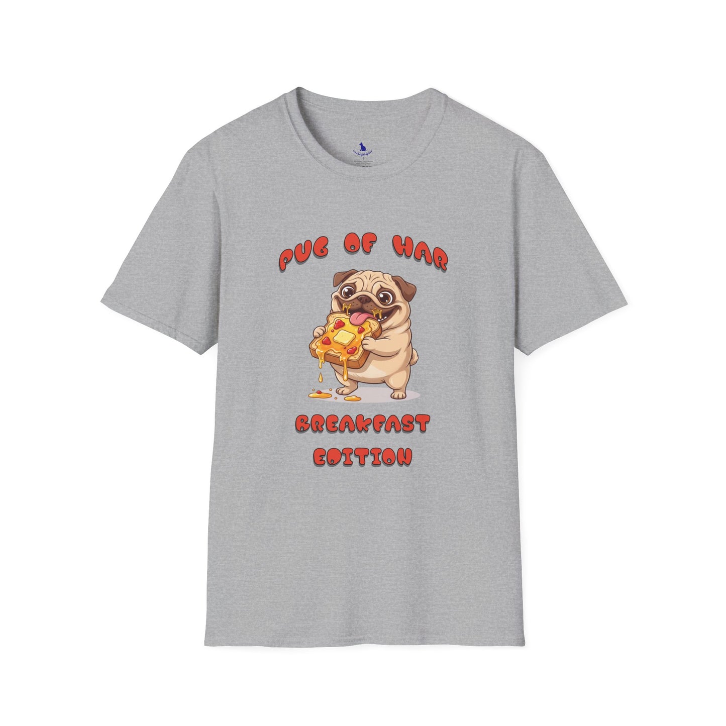 Grey t-shirt with a pug and text on white background