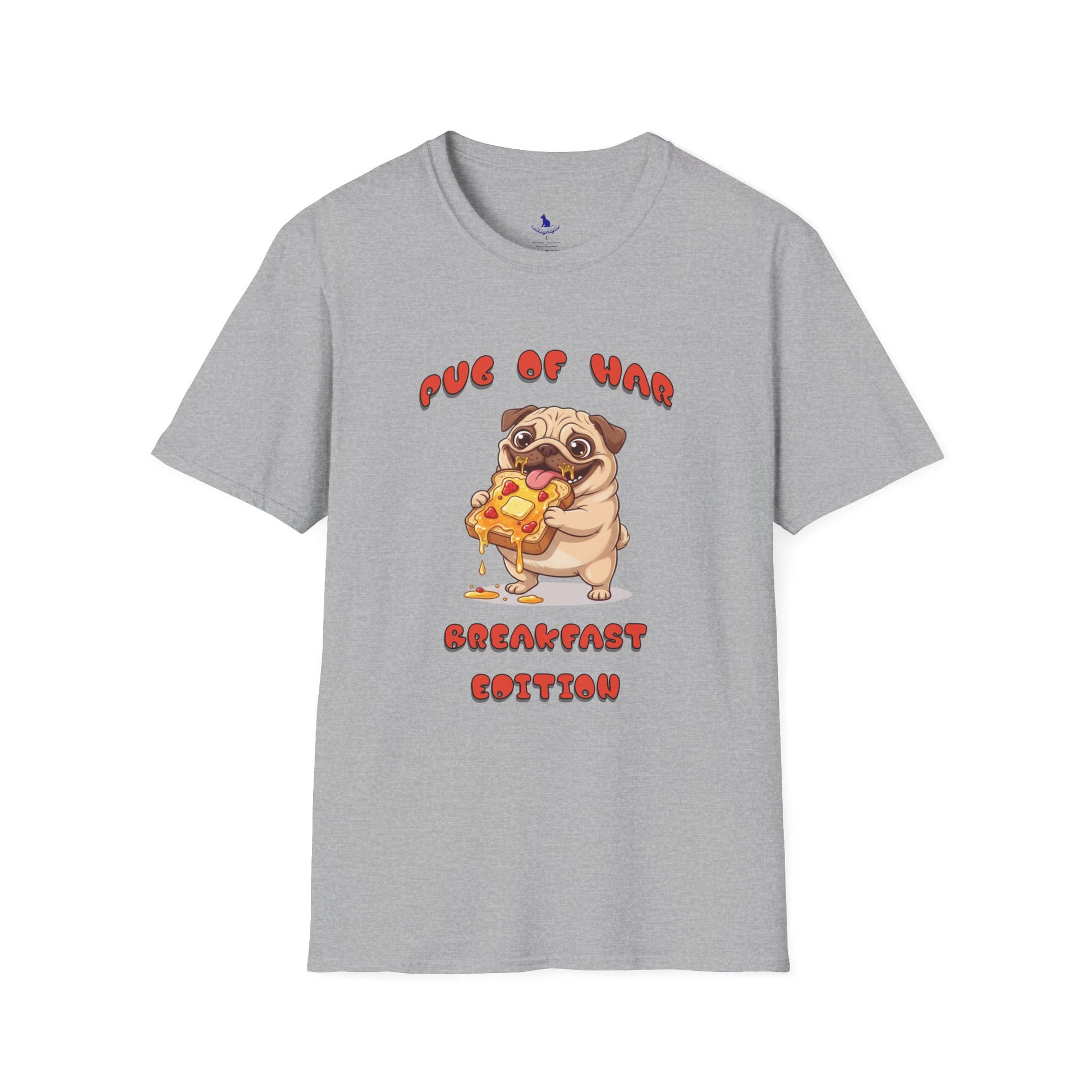 Grey t-shirt with a pug and text on white background