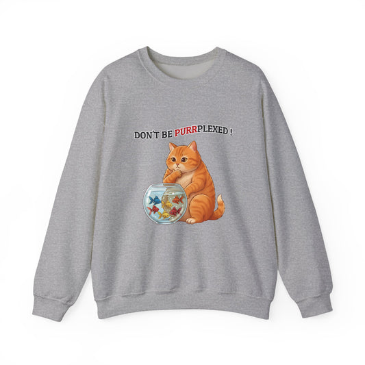 Gray sweatshirt with a cat graphic and text on a white background